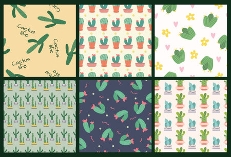 A set of patterns from a seamless pattern with cute green cacti with thorns in flowerpots. Plants and nature, house plants. Vector flat illustration. Postcards, templates, invitations.のイラスト素材