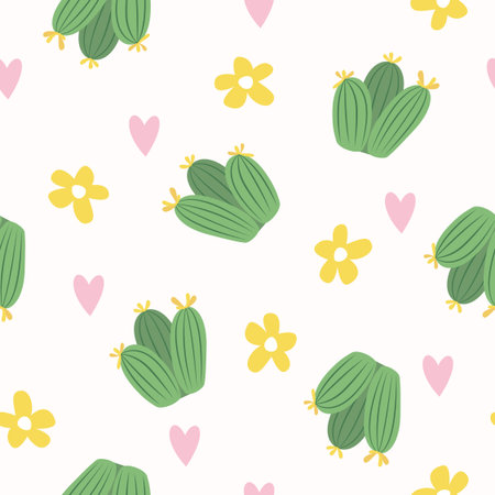 Seamless pattern with cute green cacti with thorns in flowerpots. Plants and nature, house plants....