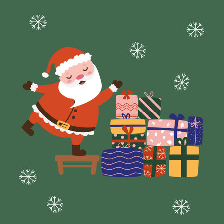 Cartoon character Santa Claus stands on a stool and prepares gifts for children for Happy New Year or Merry Christmas. Vector flat illustrationのイラスト素材