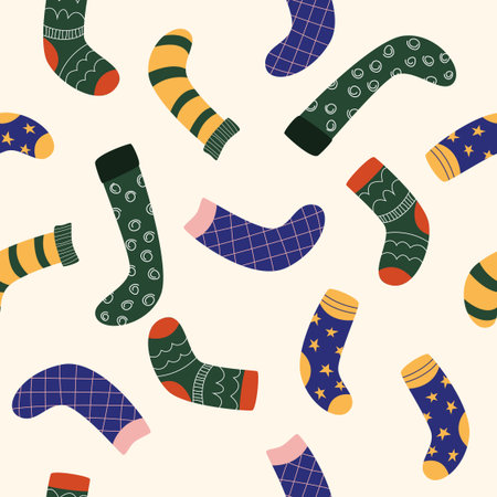 Seamless pattern with different designs of socks on a beige background. Vector illustration flat for wrapping paper or print.のイラスト素材