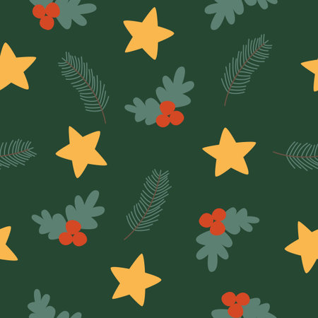 Seamless pattern with spruce branches and yellow stars on a green background. Vector flat illustration in vintage style. Merry Christmas and Happy New Year.のイラスト素材