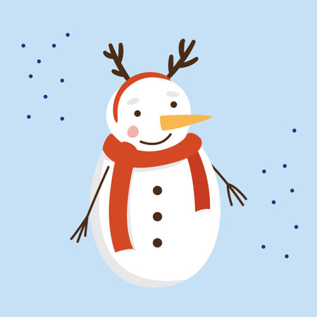 A cute cartoon snowman in a red scarf stands in a rim of deer horns on his head. Vector flat illustration.のイラスト素材