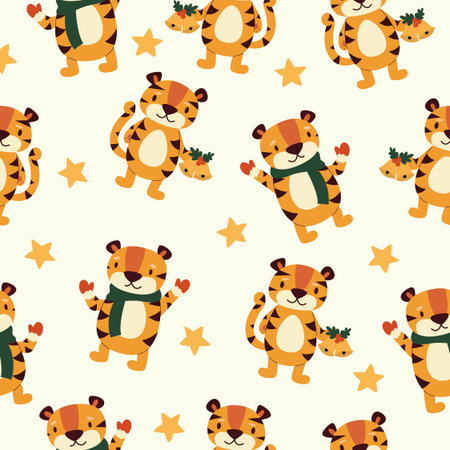 Seamless pattern with cartoon different tigers on a beige background. Vector flat illustration.のイラスト素材