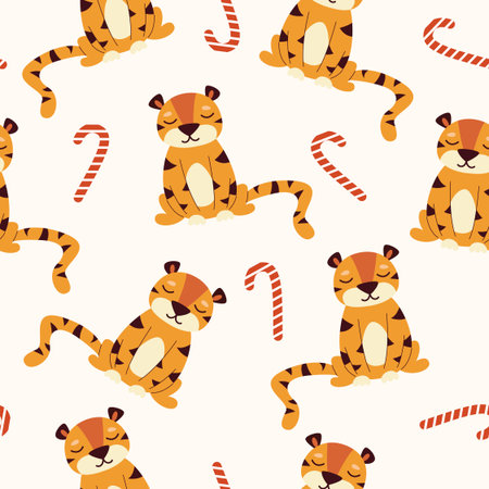 Seamless pattern with cartoon sleepy tiger sitting. Vector flat illustration.のイラスト素材