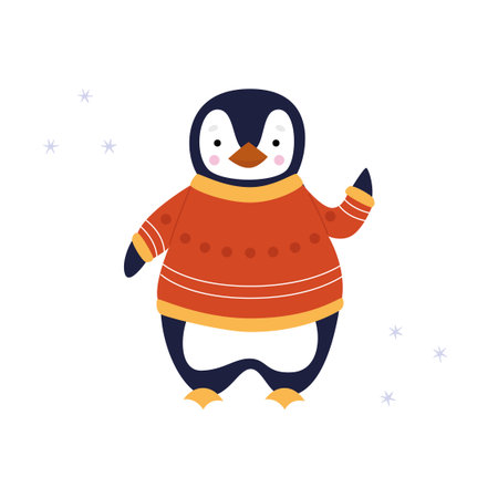 A cute penguin stands in a red Christmas sweater and waves his wing "hello". Vector flat illustrationのイラスト素材