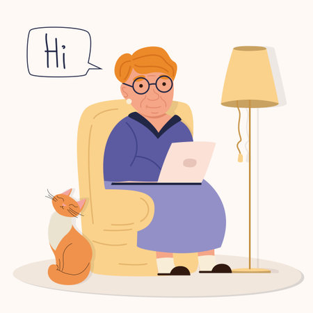 A happy red-haired grandmother with a laptop sits in a cruise and rewrites, and a red cat sits next to her. Vector flat illustration.のイラスト素材