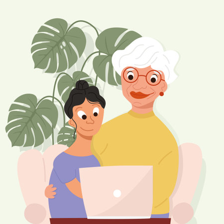 Granddaughter teaches her grandmother to work at the computerのイラスト素材