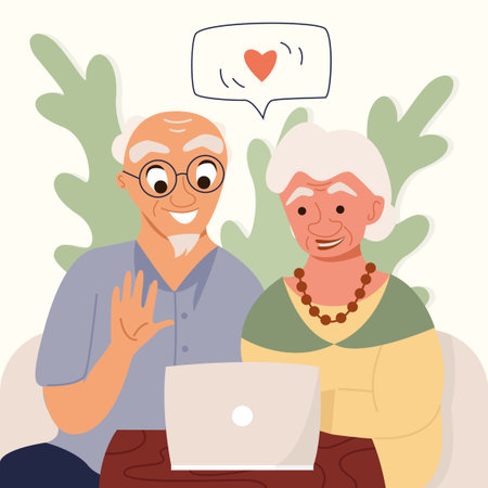 Happy grandma and grandpa talking using their laptop in living roomのイラスト素材
