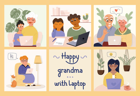 Happy grandmothers with a laptop of different nationalities with children, grandchildren and grandfather. Vector set of illustrations.のイラスト素材