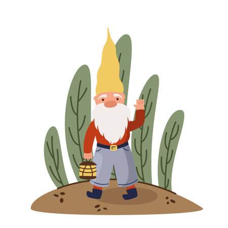 Little gnome with a lantern waves his hand. Vector flat illustration. Fantasy characterのイラスト素材