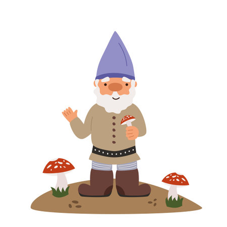 The little gnome collects a mushroom - fly agaric. Vector flat illustrationのイラスト素材