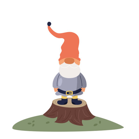 The little gnome stands on a tree stump. Vector flat illustration. Fairytale characterのイラスト素材
