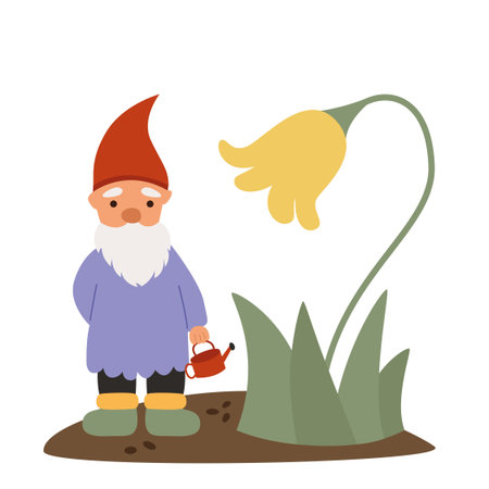 The little gnome is pouring a watering can on a yellow flower. Vector flat illustration. Fantasy characterのイラスト素材