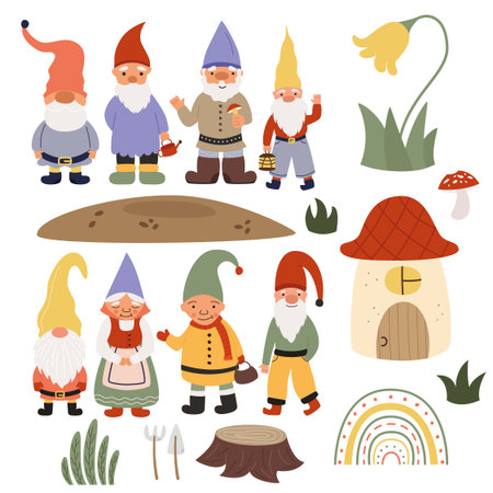 A set of little gnomes in caps and their tools. Vector flat illustration.のイラスト素材
