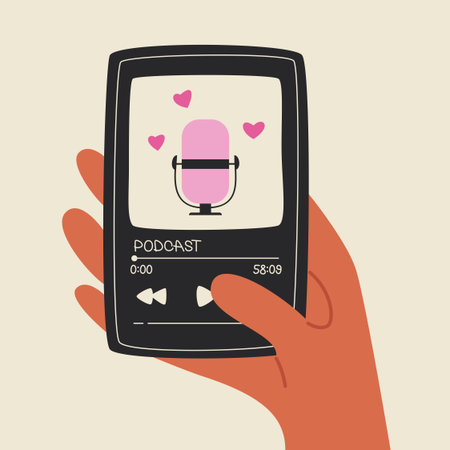 Podcast cover, interview. Hand holds podcast app in smartphone. Vector illustration in trending styleのイラスト素材