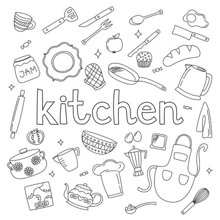 A set of doodles on the theme of kitchen and tableware. Hand drawn plates and food in black.のイラスト素材