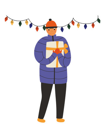 A man in a jacket holds a New Year's gift. Postcard with congratulations or wallpaper on a smartphone. Vector flat illustrationのイラスト素材