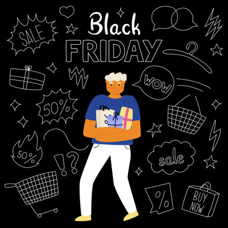 A man with purchases after shopping on a black background. Sale and Black Friday. Doodle vector illustration.のイラスト素材