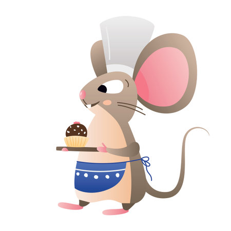 A cartoon brown mouse chef carries her dessert prepared by her. Vector illustration of a fairytale character flat.のイラスト素材