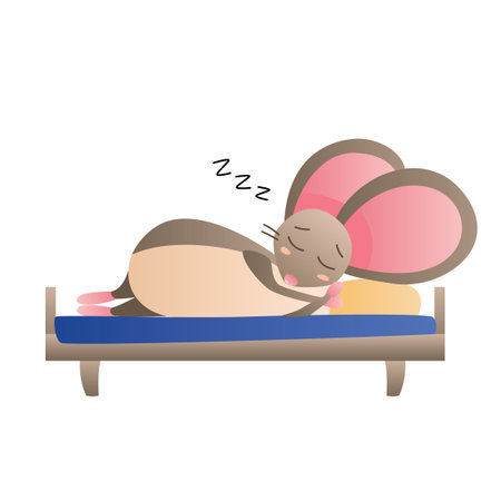 Cartoon gray mouse cute sleeping on the bed. Vector illustration of a character drawn with a gradient in the style of flat.のイラスト素材