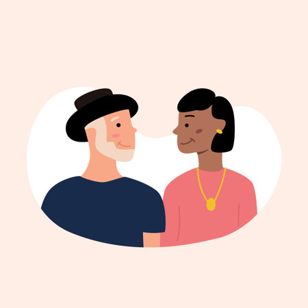 A woman and a man look at each other with loving eyes. Vector illustration of cartoon character flat. Family and love relationshipsのイラスト素材