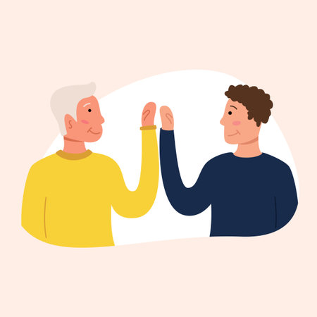 Two gay men or brothers give each other five. Vector illustration of cartoon character flat.のイラスト素材