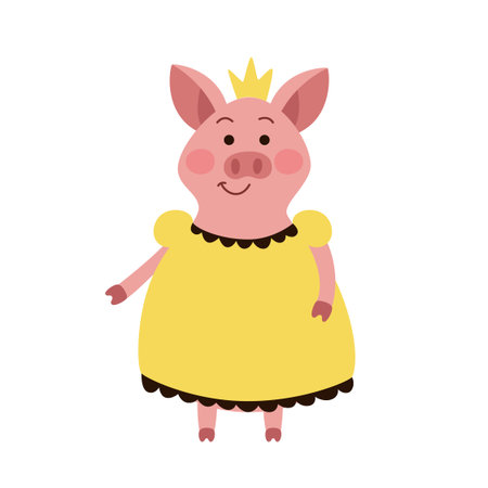 Pink princess pig in a yellow dress with a crown on her head. Vector illustration of cartoon character flat.のイラスト素材