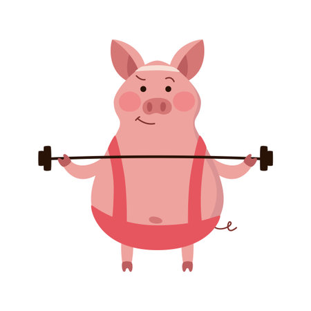 The pink pig goes in for sports and raises the barbell. Vector illustration of cartoon character flat.のイラスト素材