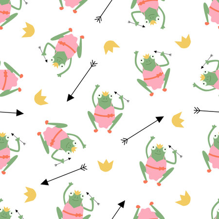 Seamless pattern with princess frog and arrow on a white background. Vector illustration of flat character.のイラスト素材