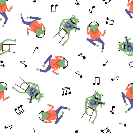 Seamless pattern with frog and musical notes on a white background. Vector illustration of flat character.のイラスト素材
