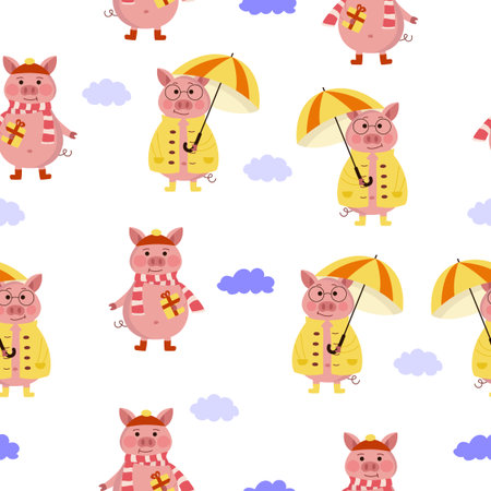 Seamless pattern with pink pig in autumn with umbrella. Vector illustration of flat character.のイラスト素材