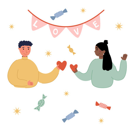 Set of people in love with hearts in their hands. Collection of illustrations of men and women for Valentine Dayのイラスト素材