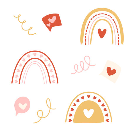 Cute set of rainbows in gentle color. Valentine day illustration collectionのイラスト素材