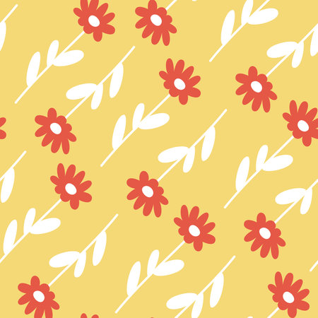 Spring vector red flowers on a yellow background. Seamless floral pattern for fabric.のイラスト素材
