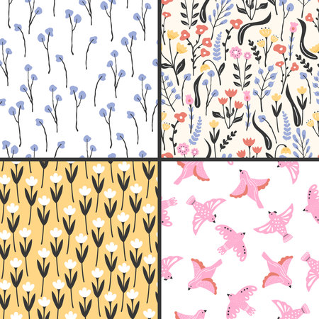 Seamless spring pattern with vintage style flowers. Collection of floral bright printsのイラスト素材