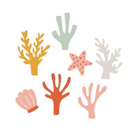 Underwater sea corals and algae. The nautical decor is hand-drown in the form of a seashell and a starfish. Vector illustration of plants.のイラスト素材