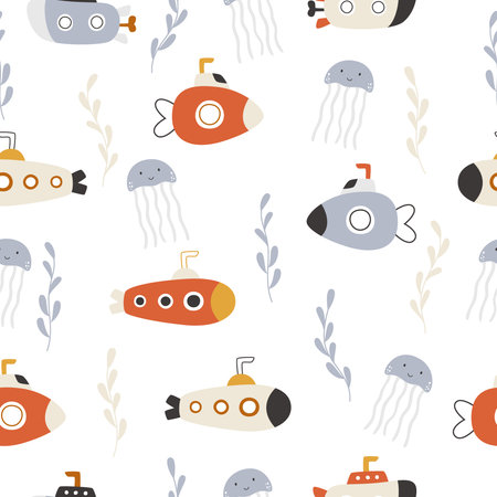 Seamless pattern with submarines exploring the underwater world. Ocean jellyfish swim in algae. Vector illustration of a print of a piece of fabric or wallpaper.のイラスト素材