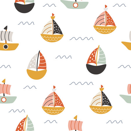 Cute baby sea boats on a seamless pattern. Vector print for fabric or wrapperのイラスト素材