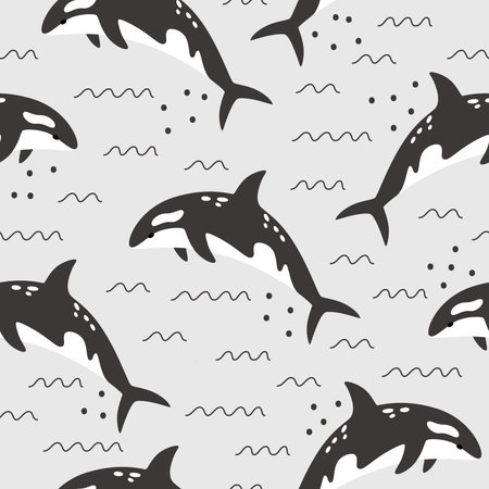 Monochrome sea gray seamless pattern with killer whales. Vector illustration of an animal on a childish cute repeat print.のイラスト素材