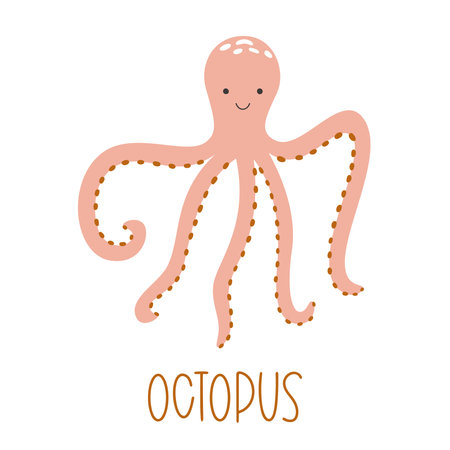 Vector illustration of a cute pink kids octopus. Underwater animal isolated in flat styleのイラスト素材