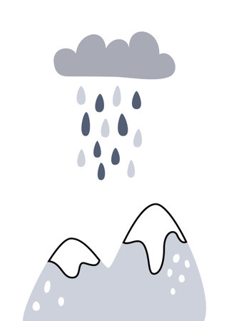 Vector Nordic childish poster with illustrations of mountains and clouds with rain. Greeting card or print on kids clothesのイラスト素材