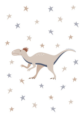 Birthday greeting card with vector animal and stars. A poster with an illustration of a dinosaur on a white background for a childish room or nurseryのイラスト素材