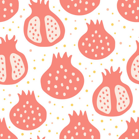 Cute garnet of soft color with yellow dots on a white background. Seamless pattern fresh fruitsのイラスト素材