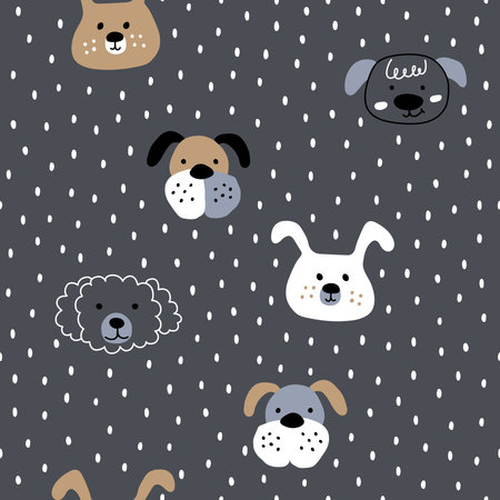 Hand drawn different dog faces on gray. Cute animal heads of different breeds, abstract. Seamless pattern with vector illustrations of dogs for a nursery or changing room.のイラスト素材