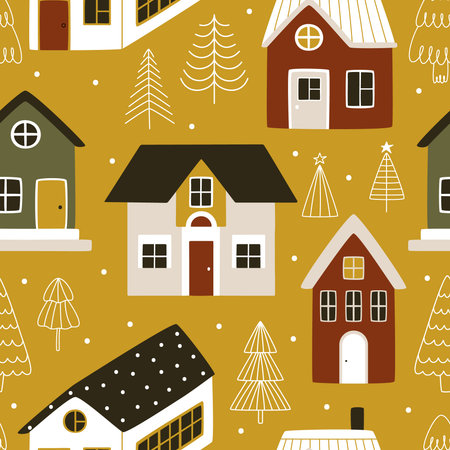 Cute winter houses on golden background with Christmas trees. Seamless pattern for wrapping gifts for the New Year, and fabricのイラスト素材