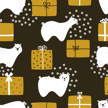 Cute hand-drawn teddy bears with gift boxes and abstract decor. Seamless vector winter pattern. Print for the celebration of New Year holidays and Christmasのイラスト素材