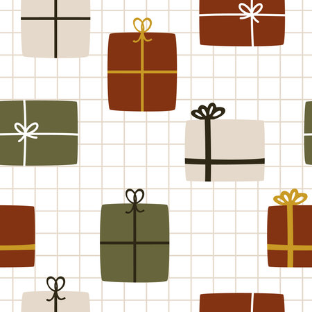 Cute red and green present gift box on a checkered background. Seamless vector winter pattern for Christmas and New Year celebrationのイラスト素材