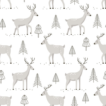 Gray cartoon deer characters in different poses with Christmas trees on a white background. Seamless vector winter pattern for fabric, wallpaper, branding, and wrapping. Print for gifts for the New Year and Christmas holidaysのイラスト素材