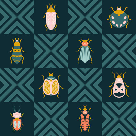 Colorful insects, beetle, and bugs in art deco style. Vector seamless pattern with trendy backgroundのイラスト素材