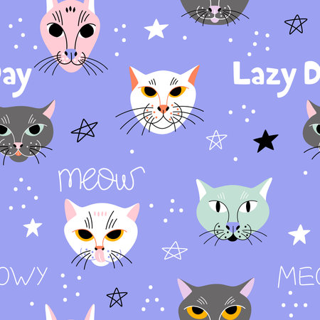 Funny faces of cats with abstract decor on a purple background. Vector seamless pattern with cute pets. Print for shopper or wrapping paper.のイラスト素材